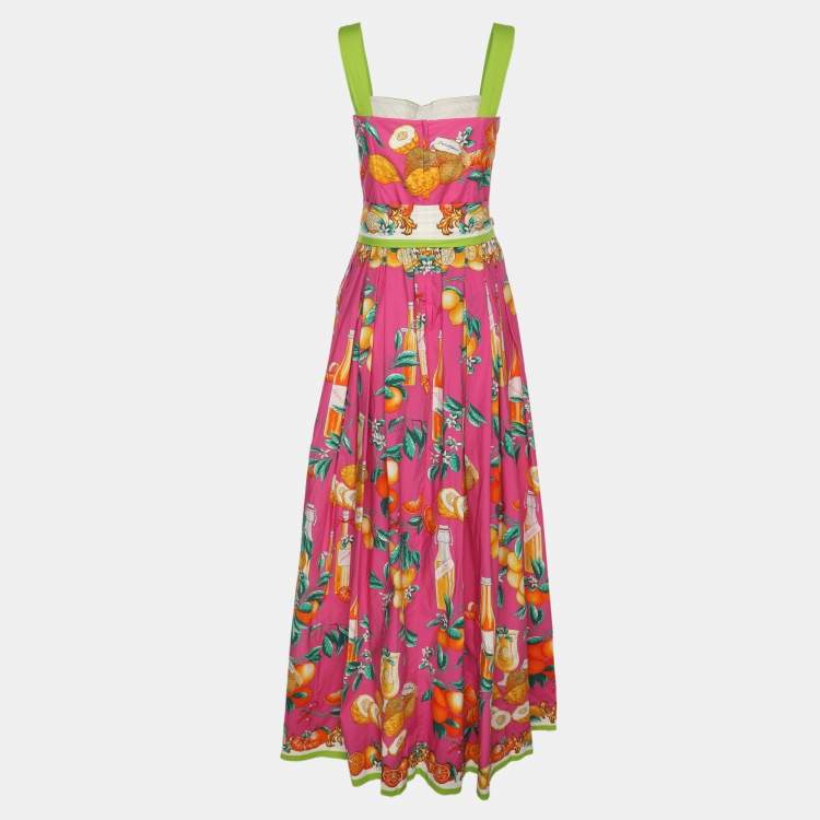 Pre Owned Dolce & Gabbana Multicolor Tropical Fruit Print Cotton Belted Maxi Dress M