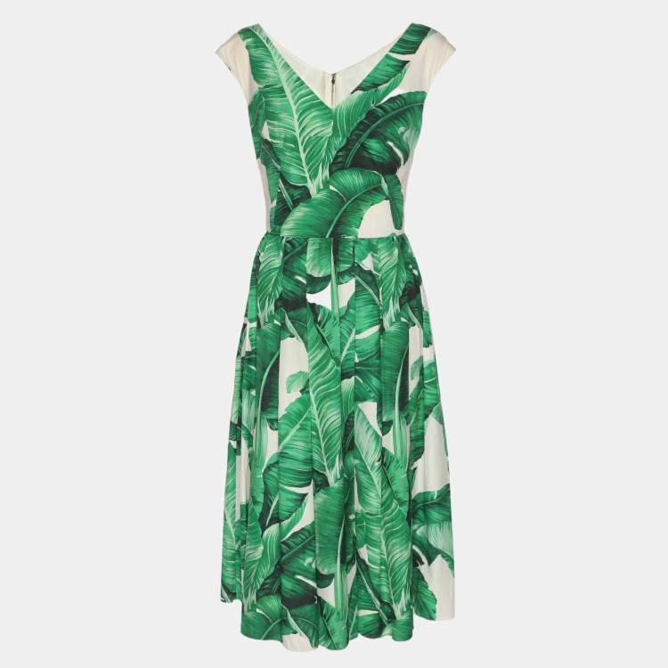 Pre Owned Dolce & Gabbana Banana Leaf Print Cotton Poplin Dress M