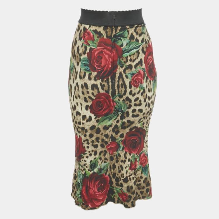 Pre Owned Dolce & Gabbana Brown Animal & Floral Print Crepe Midi Skirt XS
