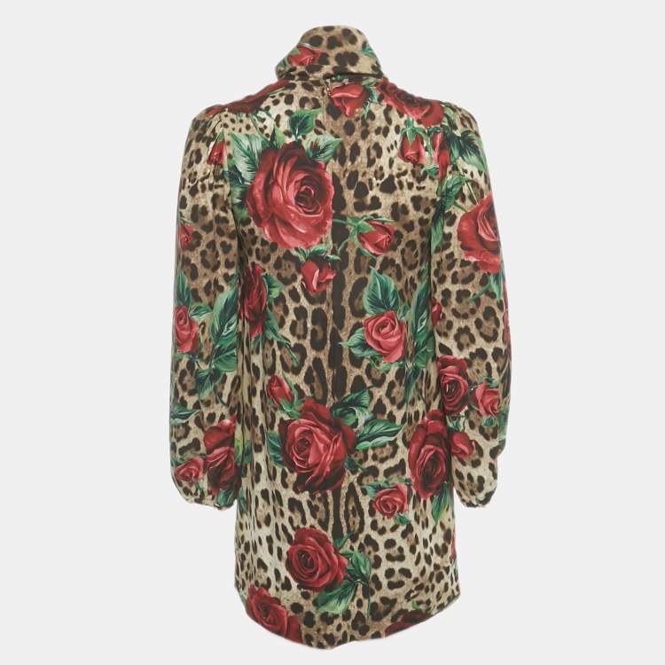 Pre Owned Dolce & Gabbana Brown Leopard & Rose Print Silk Mini Dress XS  