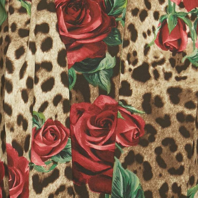 Pre Owned Dolce & Gabbana Brown Leopard & Rose Print Silk Mini Dress XS  