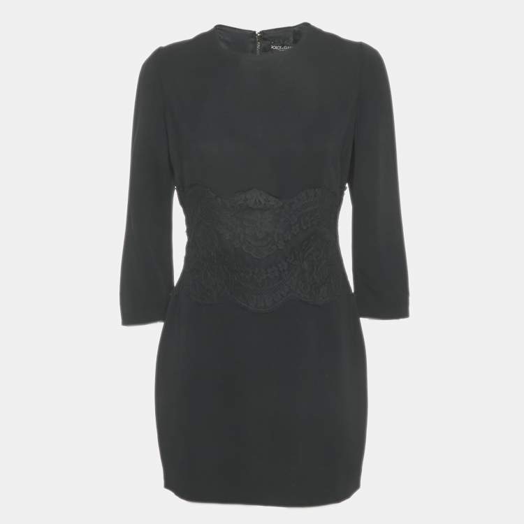Pre Owned Dolce & Gabbana Black Crepe Lace Detail Mini Dress L