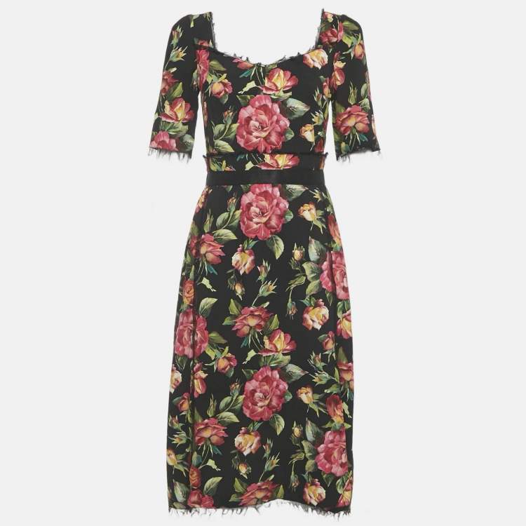 Pre Owned Dolce & Gabbana Black Floral Print Crepe Midi Dress S 