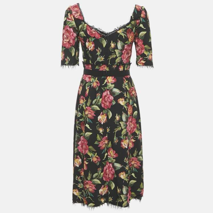 Pre Owned Dolce & Gabbana Black Floral Print Crepe Midi Dress S 