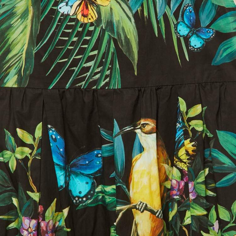 Pre Owned Dolce & Gabbana Black Jungle Print Cotton Midi Skirt L