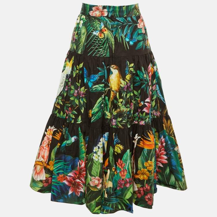 Pre Owned Dolce & Gabbana Black Jungle Print Cotton Midi Skirt L