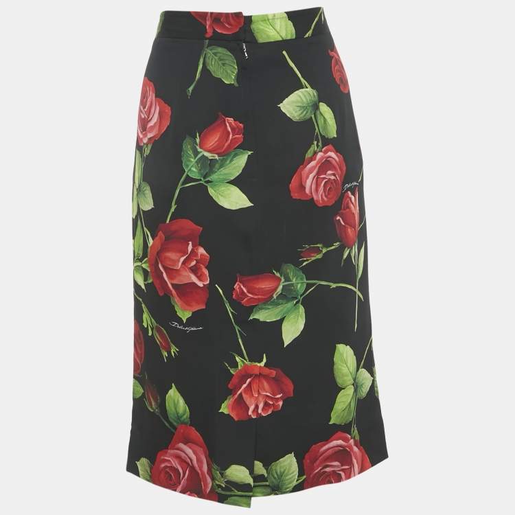 Pre Owned Dolce & Gabbana Black Rose printed Silk Pencil Skirt L