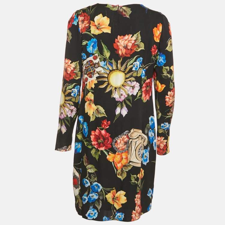 Pre Owned Dolce & Gabbana Black  Printed Silk Mini Dress M