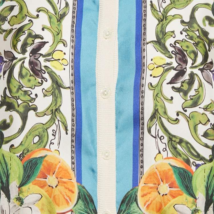 Pre Owned Dolce & Gabbana Cream Printed Silk & Knit Button Front Cardigan M
