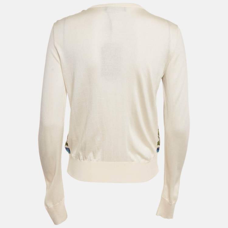 Pre Owned Dolce & Gabbana Cream Printed Silk & Knit Button Front Cardigan M