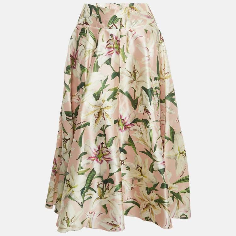 Pre Owned Dolce & Gabbana Pink Floral Print Silk Midi Skirt L