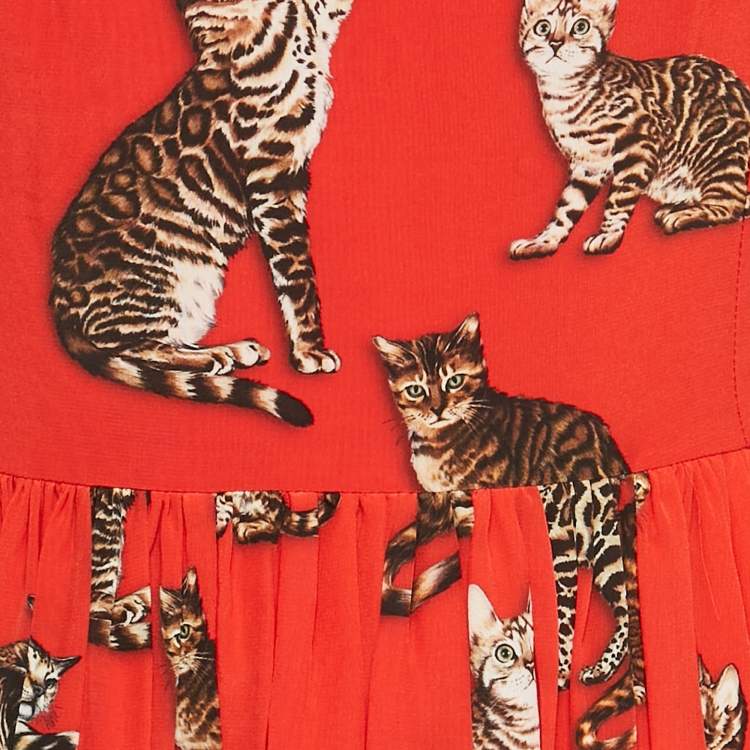 Pre Owned Dolce & Gabbana Red Cat Print Silk Midi Dress S