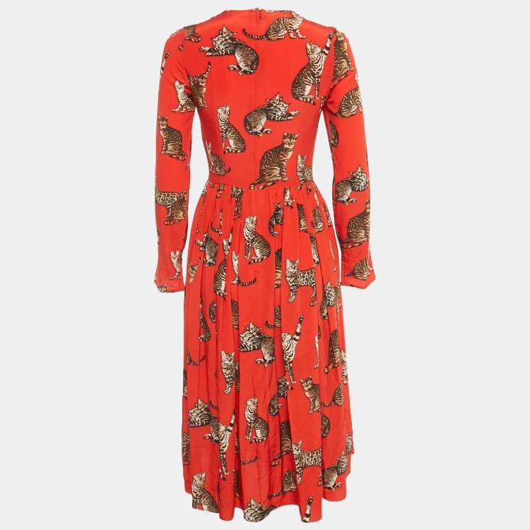Pre Owned Dolce & Gabbana Red Cat Print Silk Midi Dress S