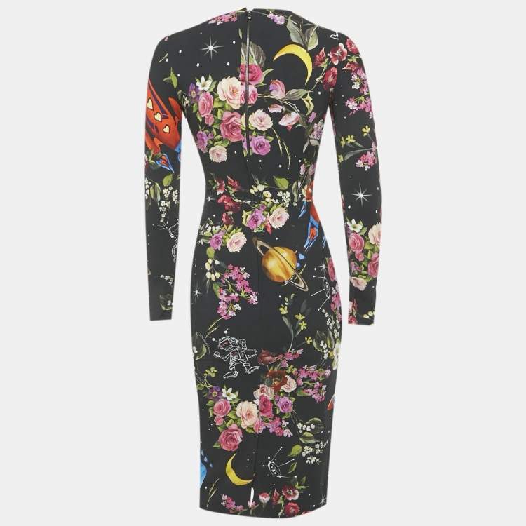 Pre Owned Dolce & Gabbana Black Printed Silk Midi Dress XS