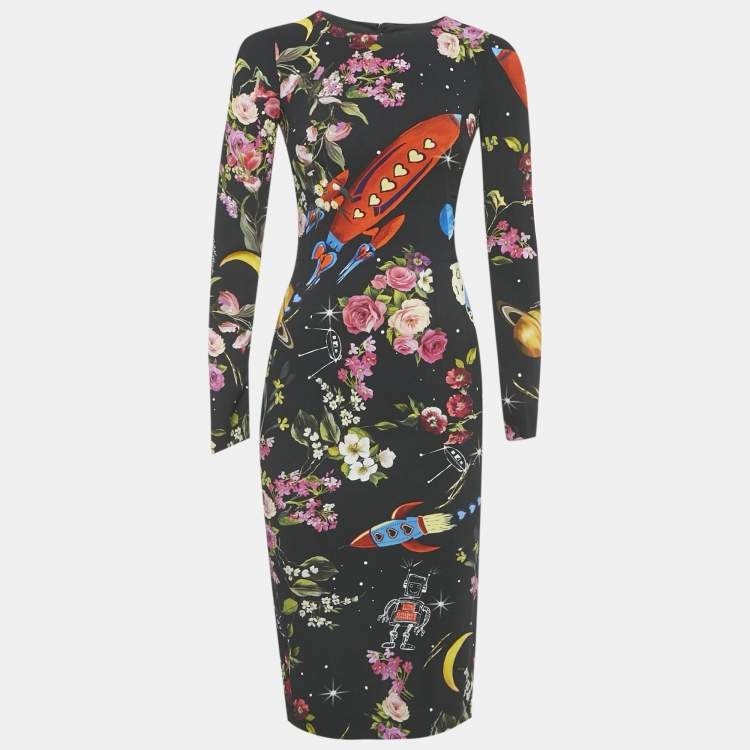 Pre Owned Dolce & Gabbana Black Printed Silk Midi Dress XS