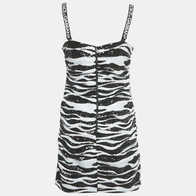 Pre Owned Dolce & Gabbana Monochrome Zebra Pattern Sequinned Mini Dress M