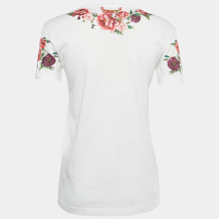 Pre Owned Dolce & Gabbana White Embellished Printed Cotton T-Shirt XS 