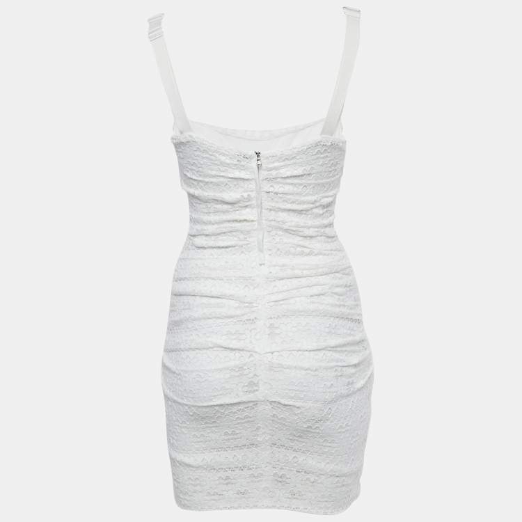 Pre Owned Dolce & Gabbana White Lace Ruched Sleeveless Mini Dress M