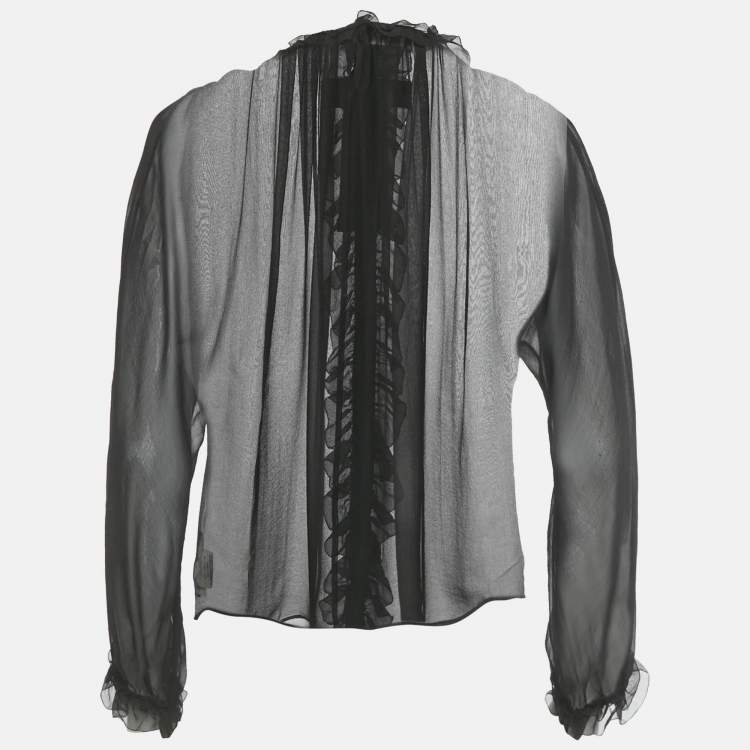 Pre Owned Dolce & Gabbana Black Bejeweled Silk Ruffled Sheer Blouse S