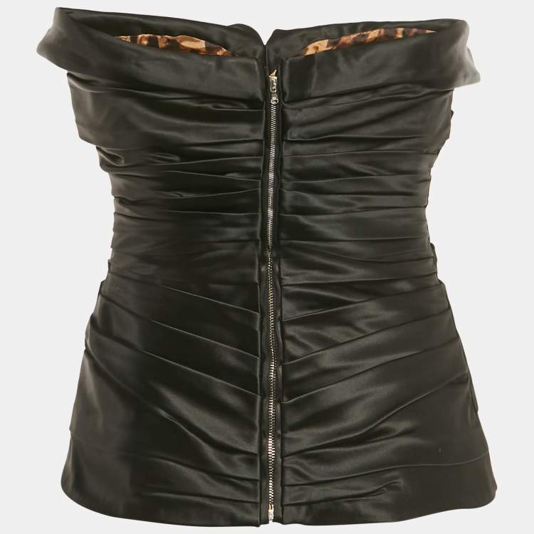 Pre Owned Dolce & Gabbana Black Satin Ruched Strapless Corset Top S