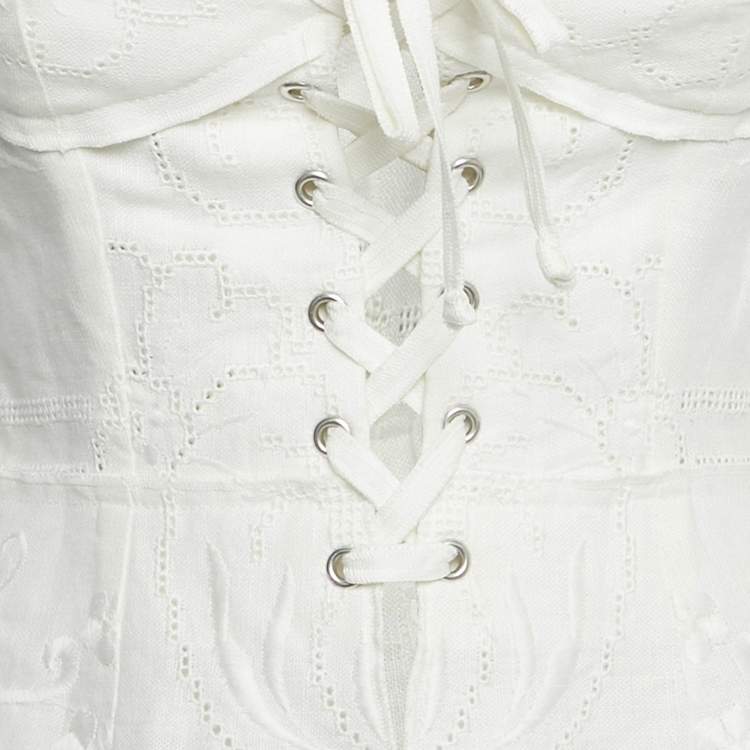 Pre Owned Dolce & Gabbana White Embroidered Linin Blend Lace-Up Corset S
