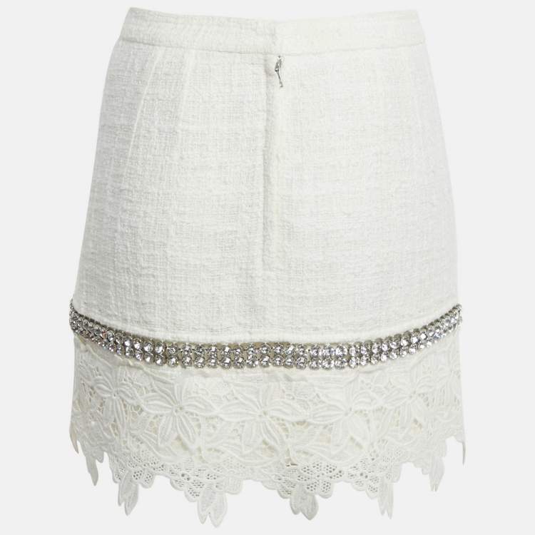 Pre Owned Dolce & Gabbana White Lace Crystal Detail Mini Skirt M