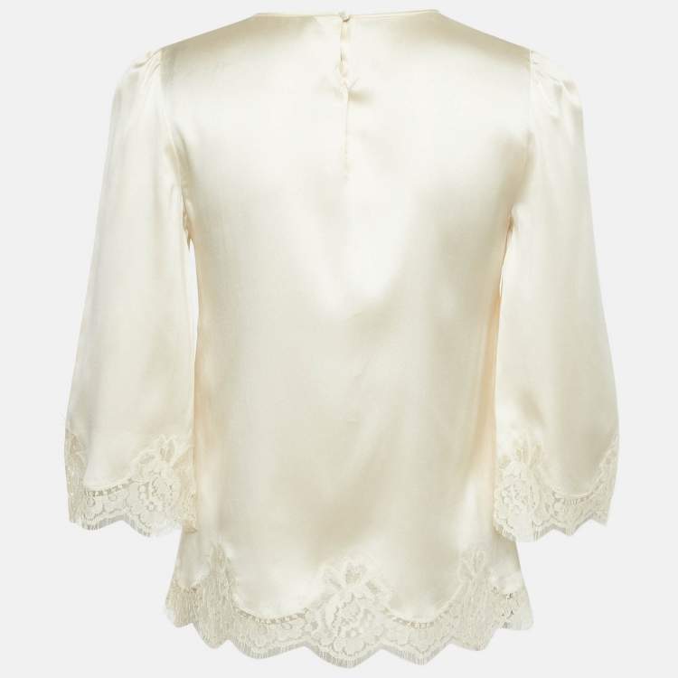 Pre Owned Dolce & Gabbana Cream Lace Trim Satin Blouse S