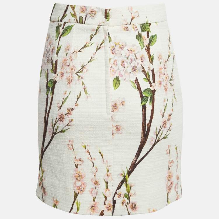 Pre Owned Dolce & Gabbana White Floral Print Tweed Mini Skirt M