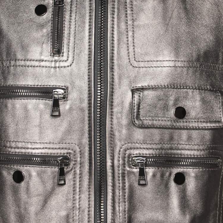 Pre Owned Dolce & Gabbana Metallic Leather and Wool Zip Jacket S