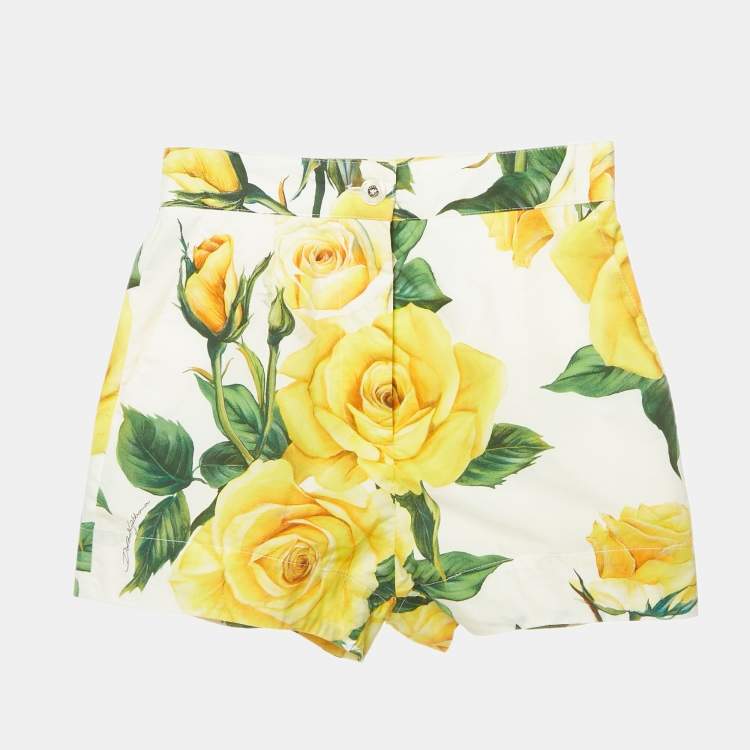 Pre Owned Dolce & Gabbana Yellow Rose Print Cotton Crop Top and Shorts Set XS