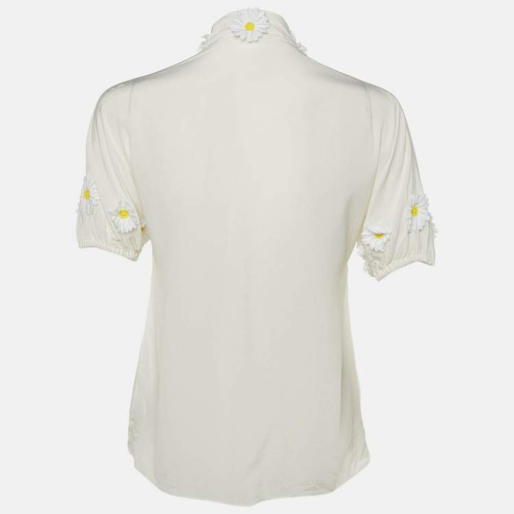 مملوكة مسبقًا Dolce & Gabbana Off White Silk Daisy Appliqued Blouse M