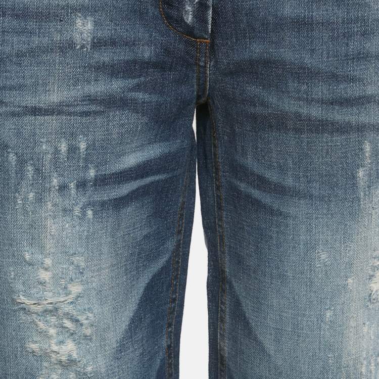 Pre Owned Dolce & Gabbana Blue Distressed Denim Capri Jeans M/Waist 32"