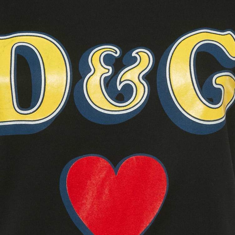 Pre Owned Dolce & Gabbana Black D& G Heart Print Cotton T-Shirt S 