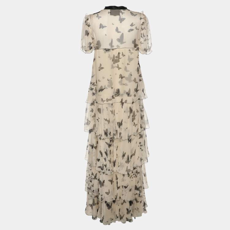 Pre Owned Dolce & Gabbana Beige Butterfly Print Chiffon Ruffled Layered Maxi Dress S