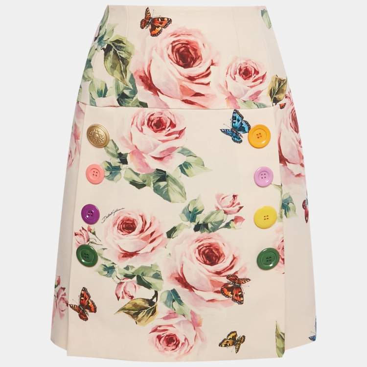 Pre Owned Dolce & Gabbana Pink Rose Print Crepe Button Detail Mini Skirt M