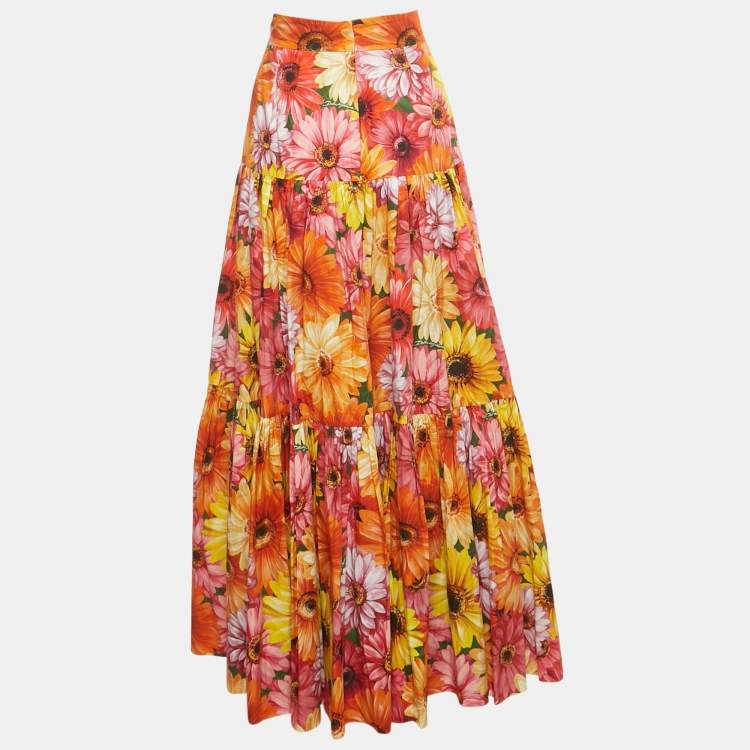 Pre Owned Dolce & Gabbana Orange Floral Print Poplin Tiered Maxi Skirt XL