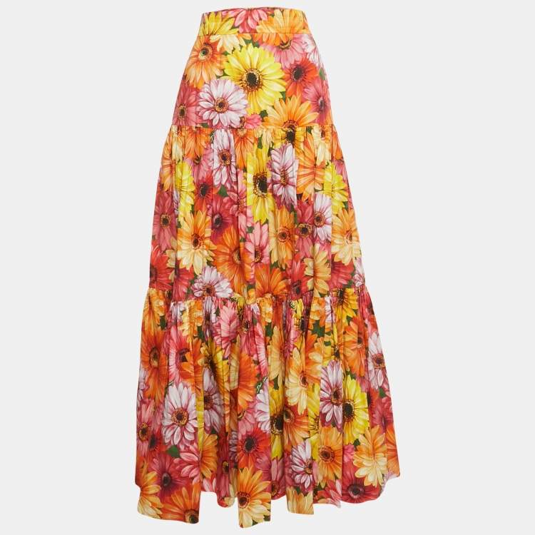 Pre Owned Dolce & Gabbana Orange Floral Print Poplin Tiered Maxi Skirt XL