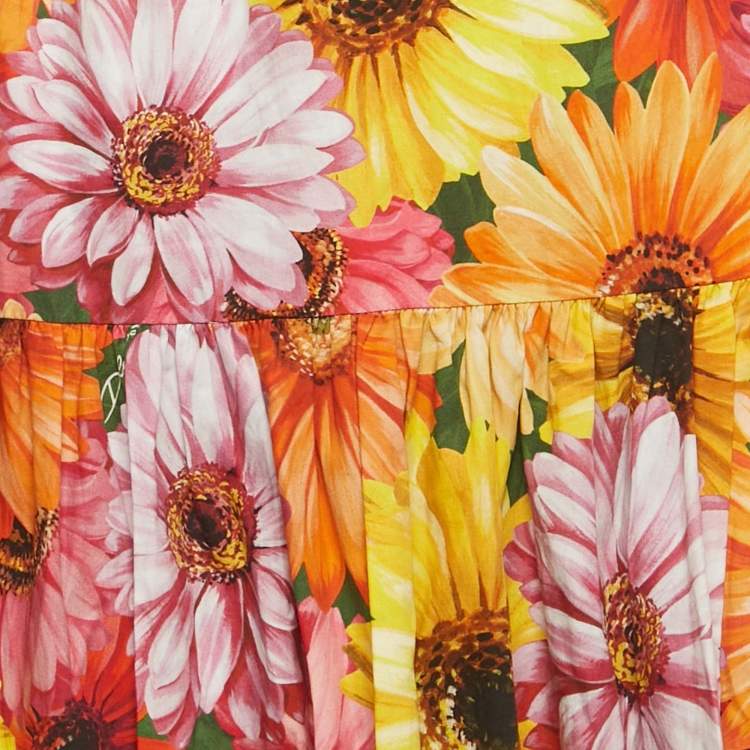 Pre Owned Dolce & Gabbana Orange Floral Print Poplin Tiered Maxi Skirt XL