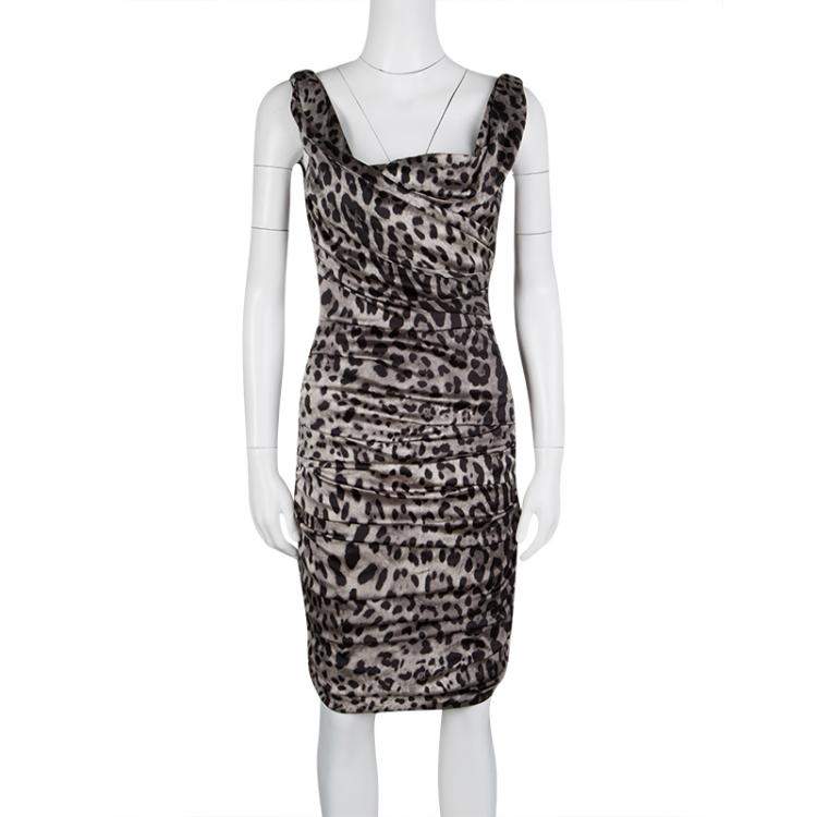 Pre Owned Dolce & Gabbana Grey Animal Print Silk Ruched Sleeveless Dress S