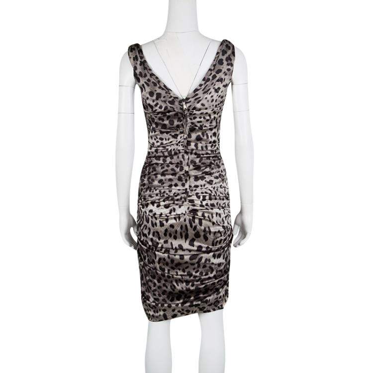 Pre Owned Dolce & Gabbana Grey Animal Print Silk Ruched Sleeveless Dress S
