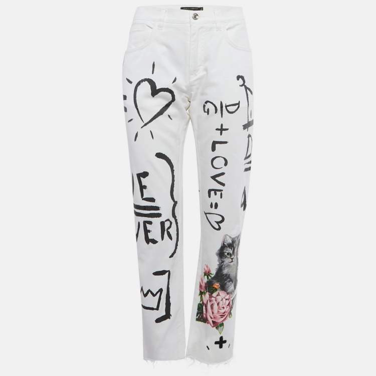 Pre Owned Dolce & Gabbana White Printed Denim Jeans M/Waist 30"