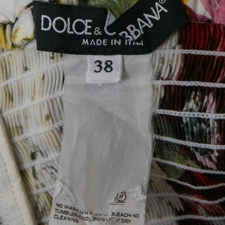 Pre Owned Dolce & Gabbana White Floral Print Poplin Shirring Midi Dress S