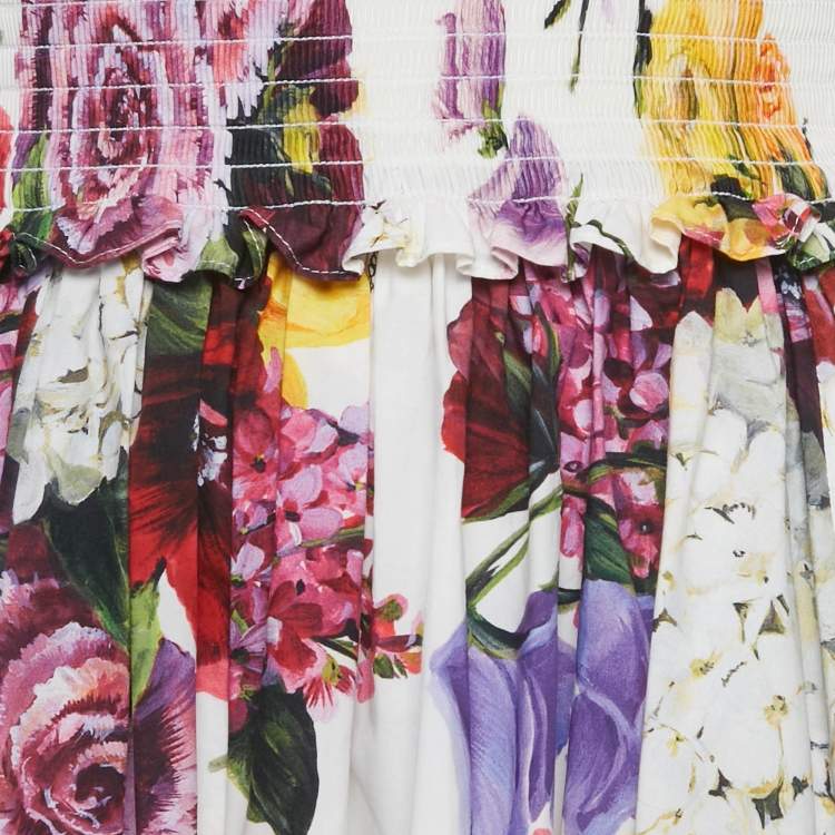 Pre Owned Dolce & Gabbana White Floral Print Poplin Shirring Midi Dress S