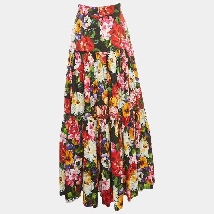 Pre Owned Dolce & Gabbana Multicolor Floral Print Poplin Tiered Maxi Skirt XS