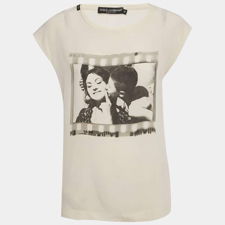 مملوكة مسبقًا Dolce & Gabbana Cream Printed Silk Sleeveless Top XS