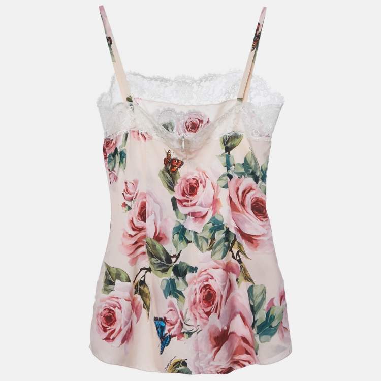 Pre Owned Dolce & Gabbana Pink Rose Print Silk and Lace Trim Cami Top M