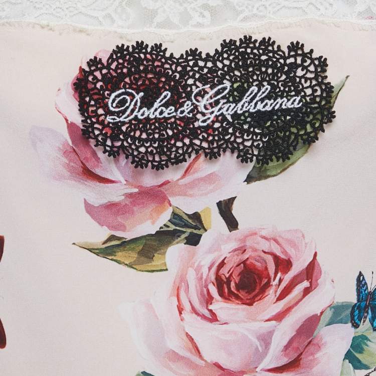 Pre Owned Dolce & Gabbana Pink Rose Print Silk and Lace Trim Cami Top M