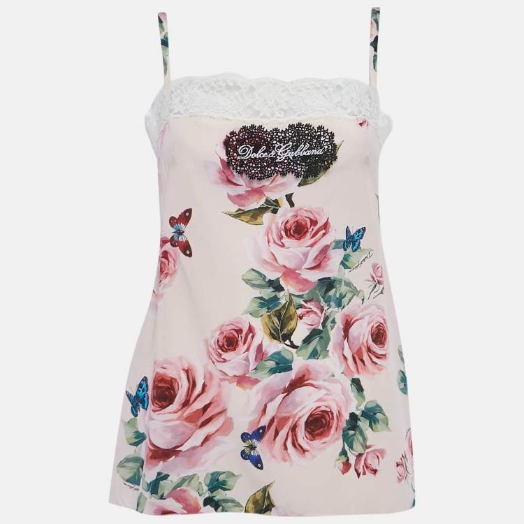 Pre Owned Dolce & Gabbana Pink Rose Print Silk and Lace Trim Cami Top M