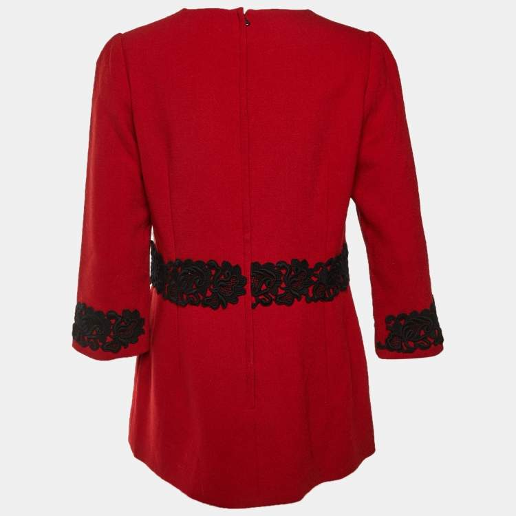 Pre Owned Dolce & Gabbana Red Wool Crepe Lace Trim Top L