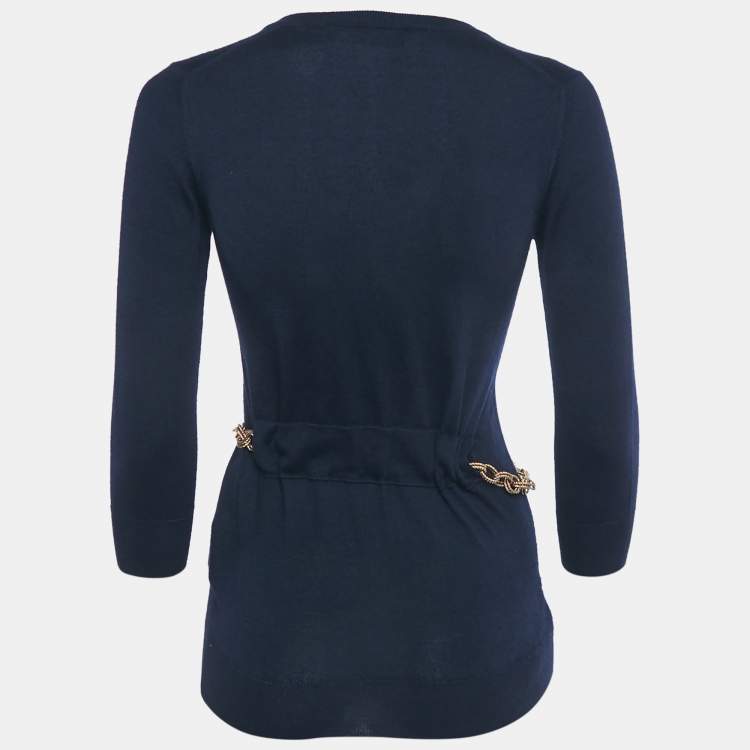 Pre Owned Dolce & Gabbana Navy Blue Cashmere Knit Metallic Belt Cardigan S